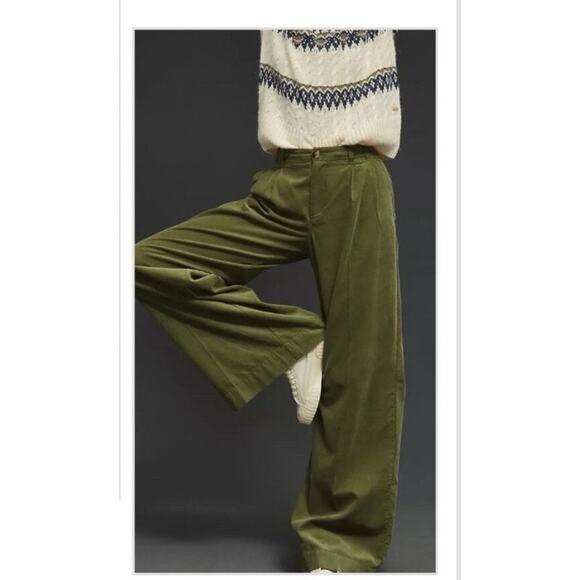 By Anthropologie Pleated Wide-Leg Corduroy Trousers Pants Green Womens 26 - Picture 1 of 7